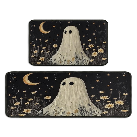 Ghost Kitchen Mats Sets Of 2 Halloween Spooky Cute Ghost Flower Moon () Kitchen Rugs and Mats for Door Bath Non-Slip Runner Rug Decorations for Porch Veranda Entryway (17x47in+30x17in)