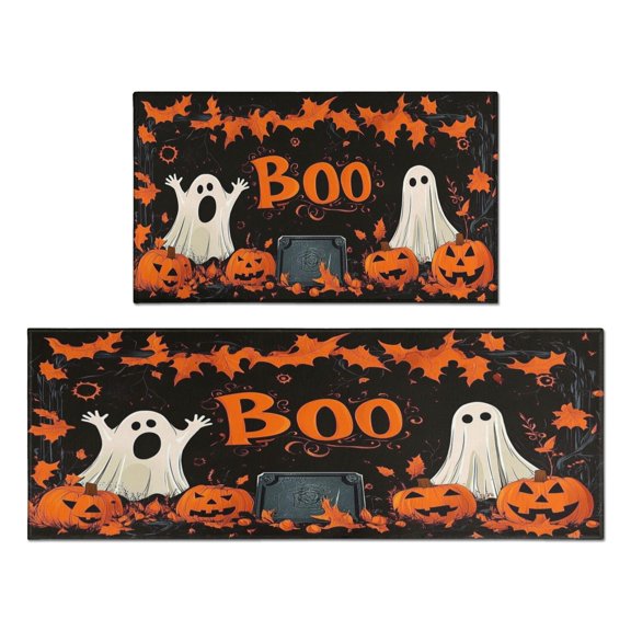 Ghost Kitchen Rugs Sets Of 2 Night Ghost Bat Evil Pumpkin Halloween Kitchen Mats for Door Bath Non-Slip Decor Doormat Decorations for Porch Veranda Entryway (17x47in+30x17in)