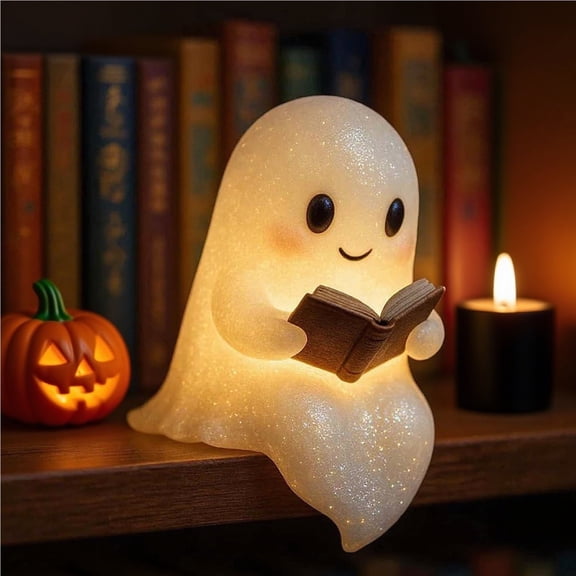 Ghost Lamp,Ghost Reading Book Lamp,Cute Ghost Reading Book Lamp,Halloween Night Light,Warm LED Ghost Figurine for Home Decor,Battery-Powered Shelf & Mantel(1pc 8.6in)