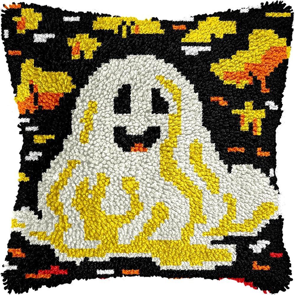 Ghost Latch Hook Pillow Kits for DIY Handmade Throw Pillow Cushion Embroidery Latch Hooking Pillowcase Kits with Preprinted Canvas Crochet Yarn Kits 17''X 17''(g1)