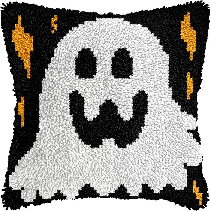 Ghost Latch Hook Pillow Kits Pillow Cover with Pattern Printed Canvas Sofa Hooking Pillowcase Cushion Crafts Embroidery Latch Hooking Crochet Starter Kits 17x17 inch(1)