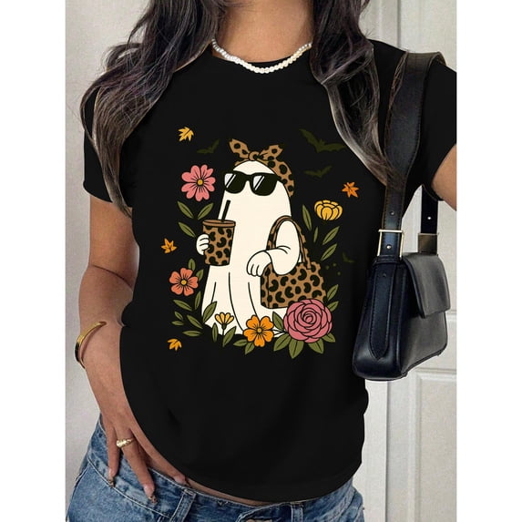 Ghost Leopard T-Shirt Graphic Tee Trendy Top Floral Bat Edgy Gothic Design Casual Apparel Black S-5XL