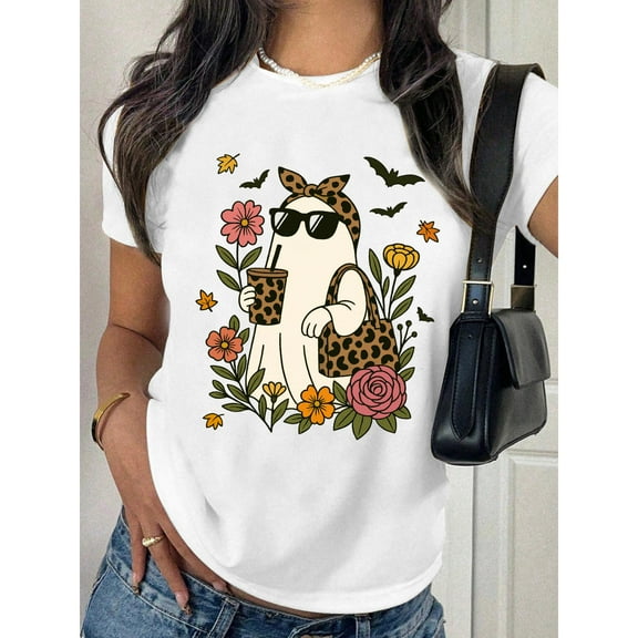 Ghost Leopard T-Shirt Graphic Tee Trendy Top Floral Bat Edgy Gothic Design Casual Apparel White S-5XL