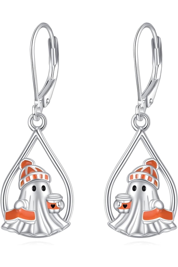 Ghost Leverback Earrings for Women 925 Sterling Silver Cute Ghost Dangle Drop Earrings Jewelry Halloween Gifts For Women