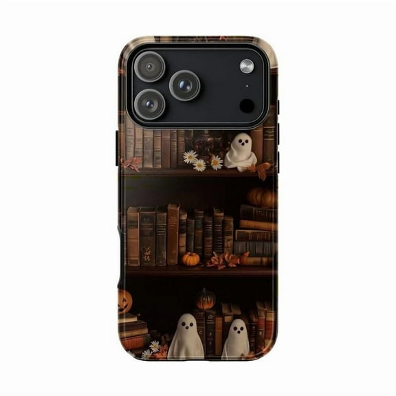 Ghost Library Phone Case, Cute Halloween Bookshelf iPhone Cover, Autumn Pumpkin & Book Theme Case for iPhone 17 16 15 14 13 12 11 Pro Max Mini