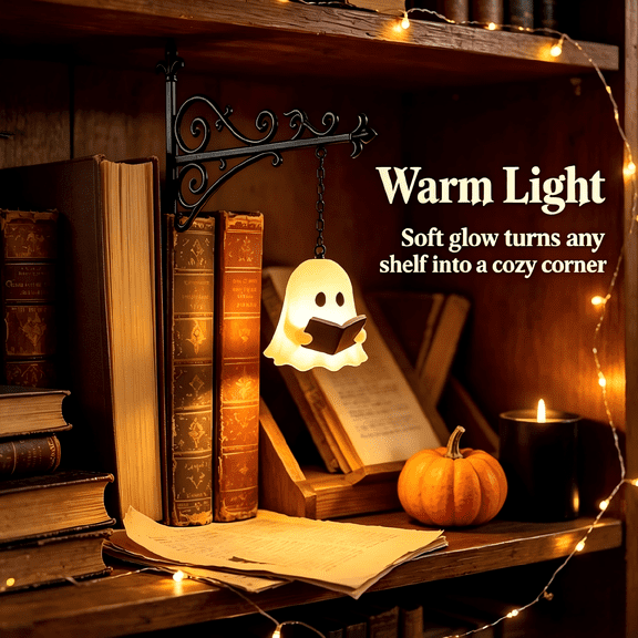 Ghost Library Shelf Light - Iron Craft Battery Operated Night Light, Hanging & Standing Bookcase Lamp, Halloween Decor & Gift for Literary Lovers
