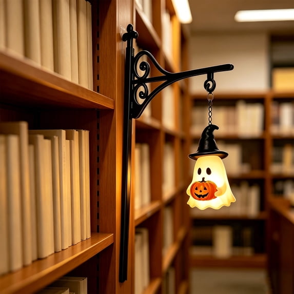 Ghost Library Shelf Light - Iron Craft Battery Operated Night Light, Hanging & Standing Bookcase Lamp, Halloween Decor & Gift for Literary Lovers
