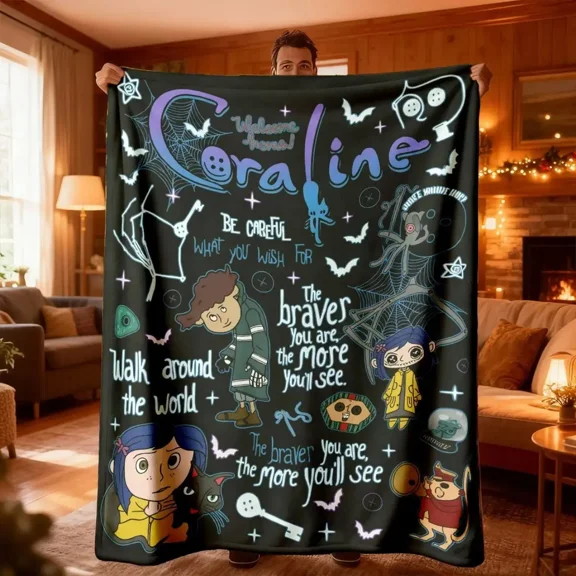 Ghost Mom Coraline Graffiti Patchwork Flannel Throw Blanket, Soft, Lightweight, Wrinkle-Resistant, 60x80in, Bedroom Bedding