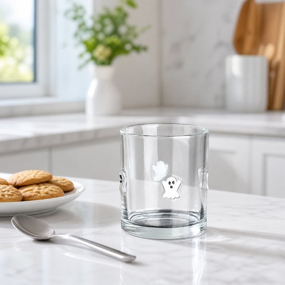 Ghost Motif Glass Cup, Embossed Halloween Design Clear Glass for or Water