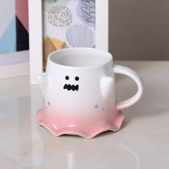 Ghost Mug - Cute 3D Ceramic Halloween Coffee Cup with Spoon, Pink Ghost Face & Scalloped Edge, Whimsical Ghost Tea Mug for Adults, Spooky Cute Gift (Pink,2.76in)