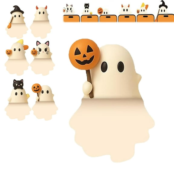 Ghost Mystery Phone Buddy, Stick-On Halloween Ghost & Pumpkin Phone Topper, Cute Strong Adhesive Cling Decoration for Smartphone, Peel-and-Stick Design Figurine, Fun Desk Accessory