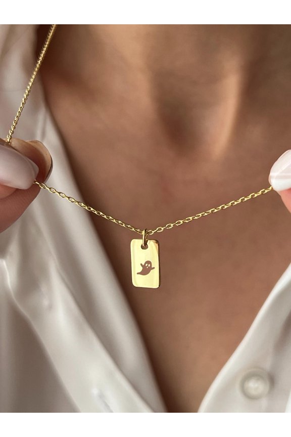 Ghost Necklace • 925 Silver Jewelry • Tiny Cute Ghost for Halloween • 14K Gold Plated • Minimalist Jewelry • Tag Pendant • Spooky Gifts