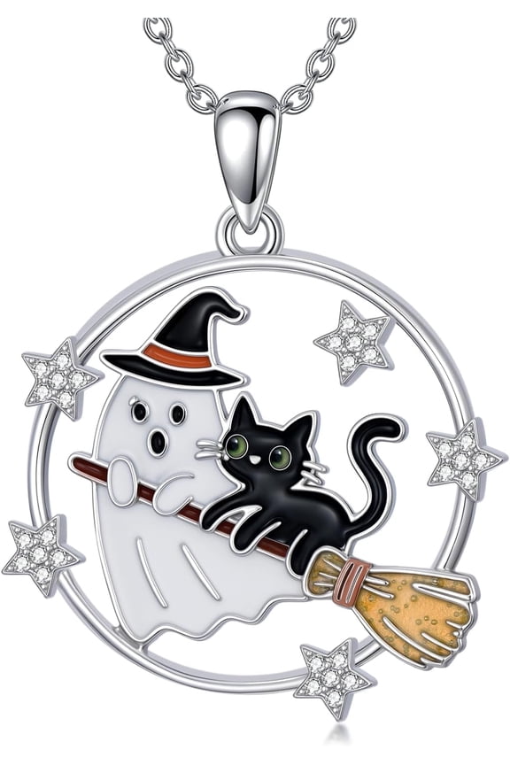 Ghost Necklace Black Cat Necklace 925 Sterling Silver Ghost Black Cat Halloween Jewelry for Women