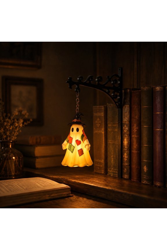 Ghost Night Light, 9.25" Halloween Bookend Insert Decor, Hanging Witch Hat Ghost Silhouette Lamp for Bookshelf Shelf Sitter, 1 Count