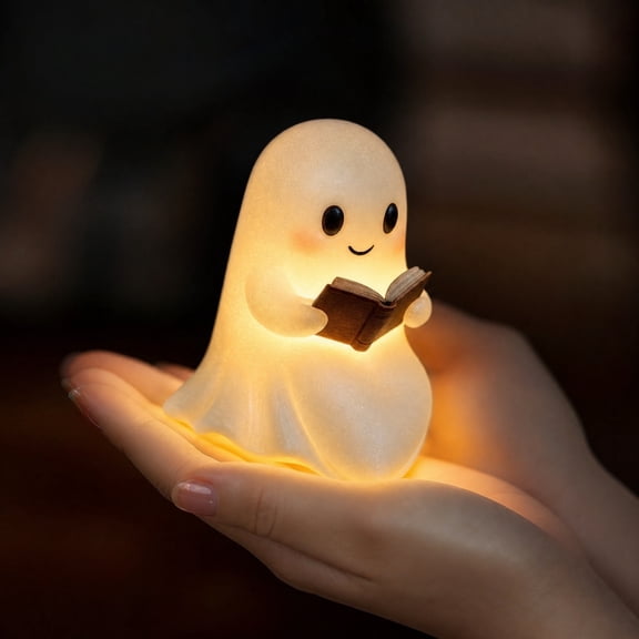 Ghost Night Light, Ghost Reading Book Lamp, Cute Resin Halloween Ghost Decor, Warm Soft Glow Small Halloween Decor for Bedroom, White 1 Pack