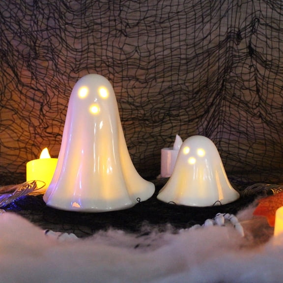 Ghost Night Light Ornament Set, Halloween Ceramic Ghost Lamp with Soft Glow Cute Display Design, Festive Home Decor for Tabletops Party Displays Bedrooms Halloween Gifts and Holiday Decorations
