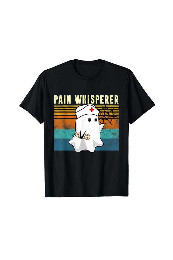Ghost Nurse Pain Whisperer Costume Retro Halloween Gifts Black T-Shirt Short Sleeve