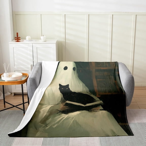 Ghost Oil Painting Style Throw Blanket Watercolor Black Car Wild Animal Fleece Blanket for Kids Teens Adults Brown Bookshelf Graffiti Halloween Flannel Blanket for Living Room Baby 30x40