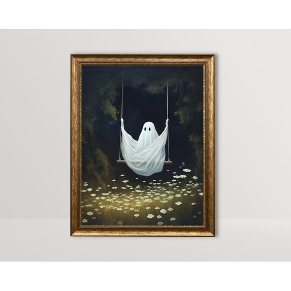 Ghost On Swing Wall Art Print, Cute, Dark Cottagecore Spooky Adorable ...