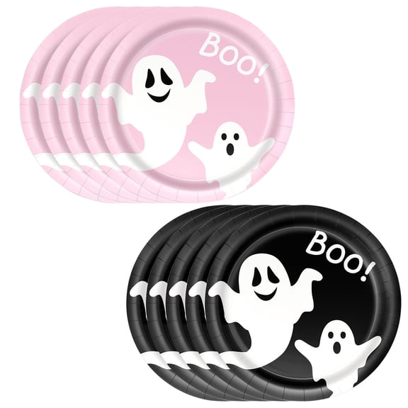 Ghost Paper Plates,10Pcs Halloween Disposable Dishes 9 Inch Black Pink Cute Design Round Decor for Birthday Dinner Holiday Gathering Party Table