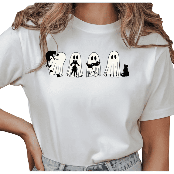 Ghost Parade Cat Graphic Tee joy Halloween Short Sleeve Crewneck