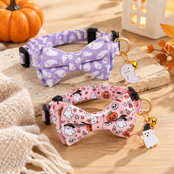 Ghost Pattern Cotton Cat Collar with Bow Tie and Bell, Adjustable for Cats