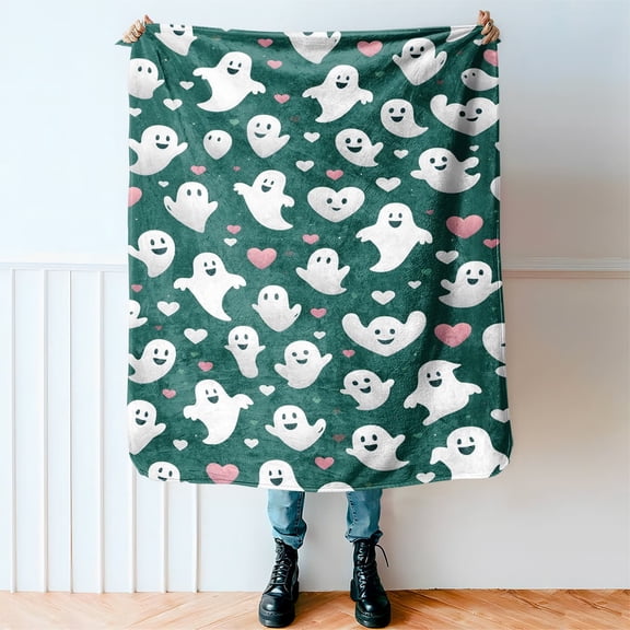 Ghost Pattern Fleece Blanket Spooky Throw Blanket for Halloween Comfort Warm Soft Double Layer Blanket