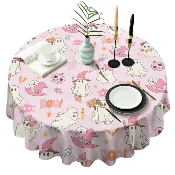 Ghost Pattern Round Tablecloth 60 Inch - Halloween Waterproof Washable Cute Spooky Pumpkin Design