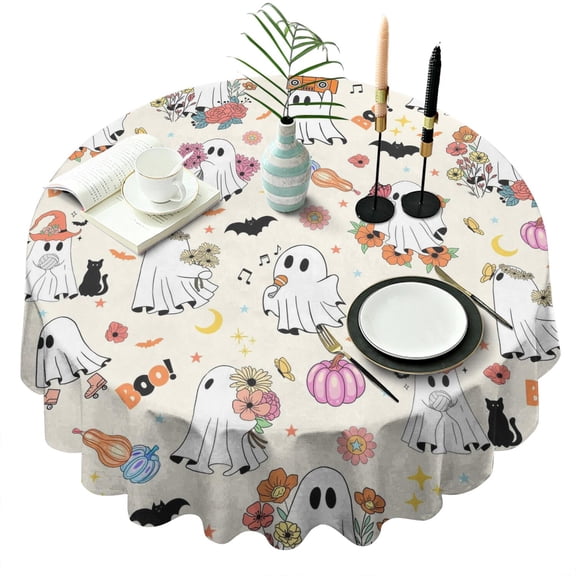Ghost Pattern Round Tablecloth 60 Inch - Halloween Waterproof Washable Cute Spooky Pumpkin Design