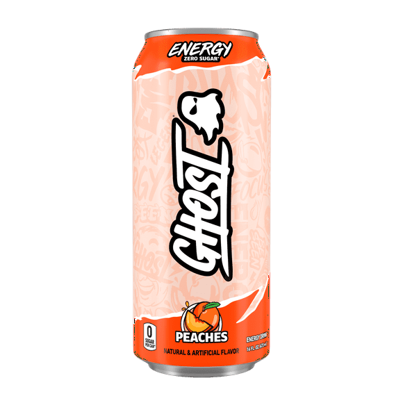 GHOST ENERGY Zero Sugars Energy Drink, Peaches, 200mg Natural Caffeine, 16 fl oz Can