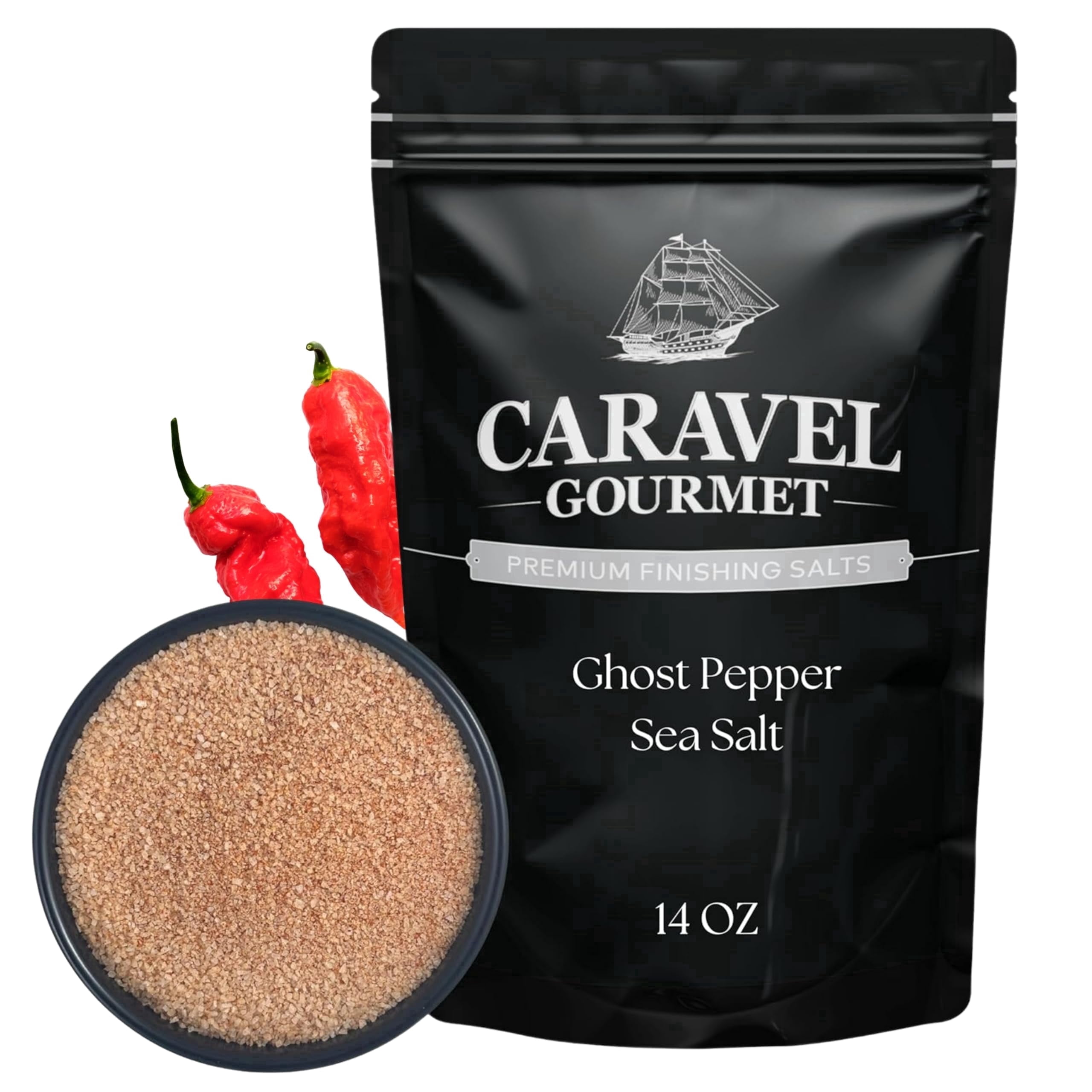 Caravel Gourmet Ghost Pepper Sea Salt for Cooking, Grilling, & Finishing, Chilli-Infused Spicy Seasoning Gourmet Salt for Meats & Veggies, 14 oz Pouch