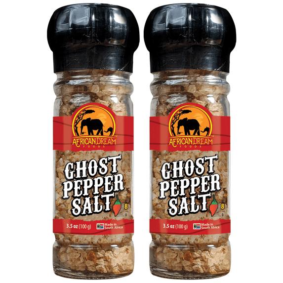 Ghost Pepper Spicy Salt with Reusable Grinder by African Dream Foods | All-Natural - Dried Ghost Peppers infused with Sea Salt | Made in Africa | 2-Pack