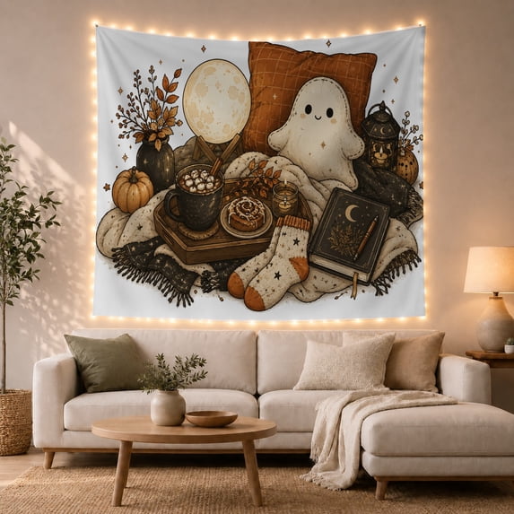 Ghost Pillow Beside Pumpkins and Spell Book, Whimsical Gothic Style for Gothic Decor Fans, Spooky Wall Art, Halloween Gift, Tapestry Wall Hanging for Bedroom and Dorm