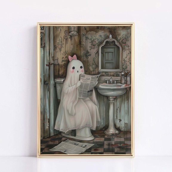 Ghost Pink Bow Cute Spooky Restroom Bathroom Poster Art Unframed Paper Print