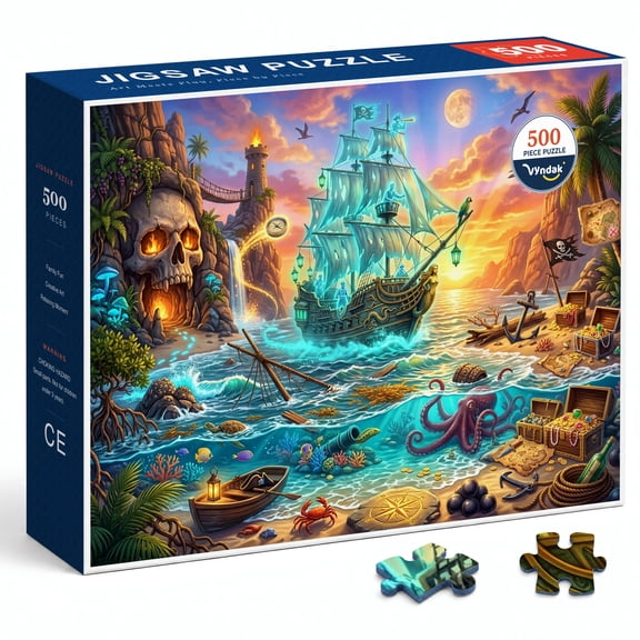 Ghost Pirate Ship 500 Piece Jigsaw Puzzle for Adults, Treasure Island Adventure with Skull Cave, Moonlit Sea, Octopus, Parrot and Hidden Map in Colorful Fantasy Artwork and Sunset Ocean Scene