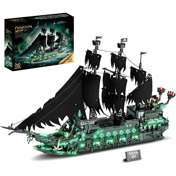 Ghost Pirate Ship Building Blocks Set, 4364+ Pieces with LED Lights, 80cm Large Sailboat Model Kit for Adults, Halloween & Collectible