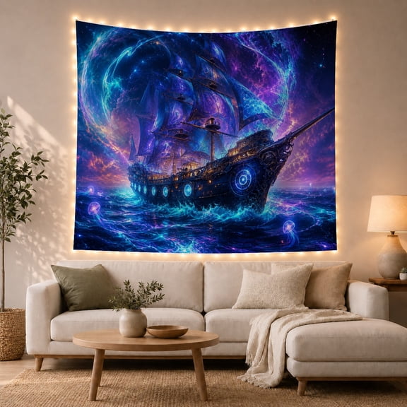 Ghost Pirate Ship on Glowing Cosmic Ocean, Dramatic Fantasy for Ocean Lovers, Nautical Wall Decor, Halloween Gift, Tapestry Wall Hanging for Bedroom, Living Room and Dorm