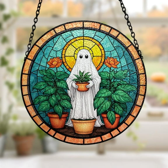 Ghost Plant Suncatcher, Halloween Stained Glass Window Hanging, Spooky Greenhouse Home Decor , Gift for Plant and Ghost Lovers