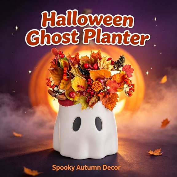 Ghost Planter Bucket Decorative Vase Plastic With Spooky Face Cut-Outs Orange White 1 Count