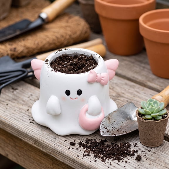 Ghost Planter Pot, Cute Bow Halloween Resin Flower Pot Multifunctional Desktop Pen Holder Vase With Spooky Design, Sweet Home Decor for Bedroom Office Shelf Party Gift Collection