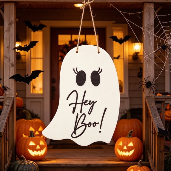 Ghost Plastic Door Hanger with Floral Bow, 15.8x11.8x0.4 Inch Hollow Cut Sign, Front Door Wall Farmhouse Party Decor