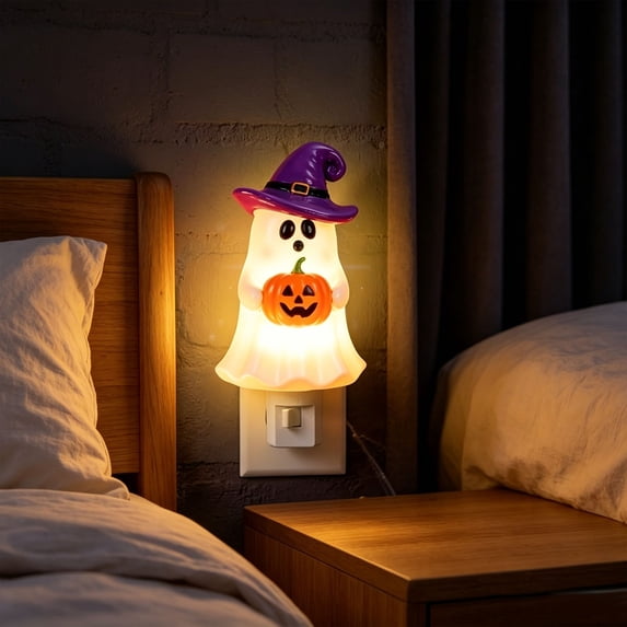 Ghost Plug In Night Light, Halloween Witch Hat Pumpkin Warm LED Wall Lamp for Teens Youth Decor