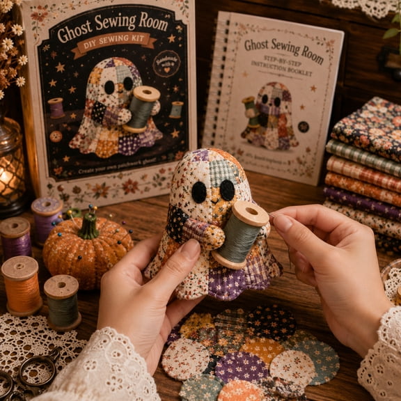 Ghost Plush Sewing Kit for Beginners, Autumn-Themed Handcrafted Patchwork Doll with Pre-Cut Fabric, Soft Stuffed Ornament for Home Decor, Halloween & Fall Crafting