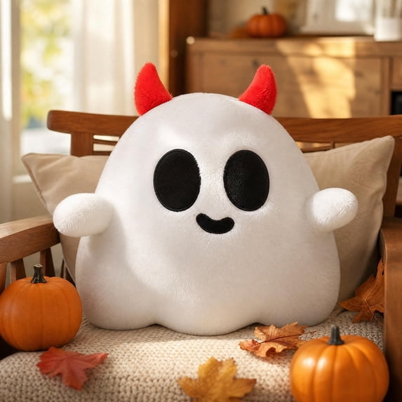 Ghost Plushie Fluffy Stuffed Figure, 18 Inch Cute Devil Ghost Plush Toy, Soft Fluffy Ghost Stuffed Animal with Red Horns, Kawaii Ghost Pillow Plushie for Halloween Decoration Indoor
