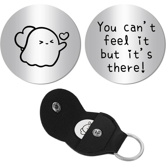 Ghost Pocket Hug Token Long Distance Relationship Keepsake Engraved Stainless Steel Double Sided Pocket Token Coin with PU Leather Keychains for Friends Family Inspirational Gift 1.2Inch