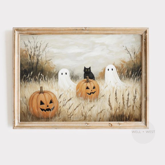 Ghost Poster Ghost In Field Costume Party Black Cat Spooky Dark Academia Autumn Pumpkin Art P702 Modern Decor