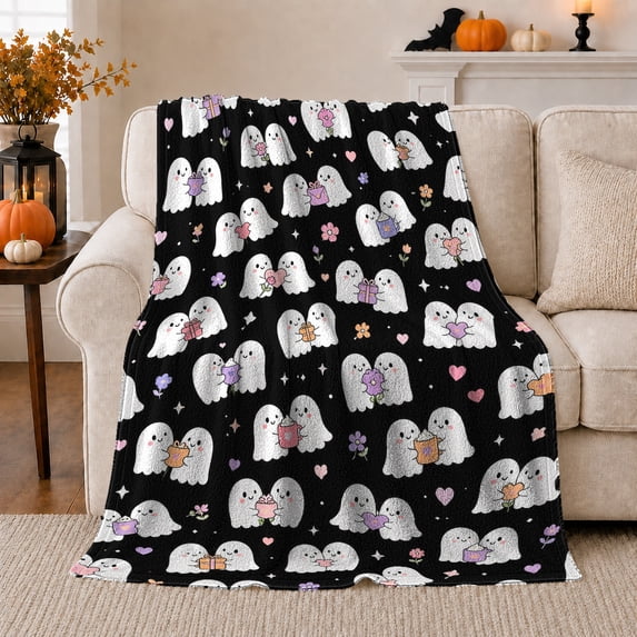 Ghost Present Box Pattern in Cute Cartoon Style for Kids, Flower Bouquet Heart Scene, Cozy Flannel Blanket for Child Room and Bedroom, Halloween Gift, Ghost Home Decor