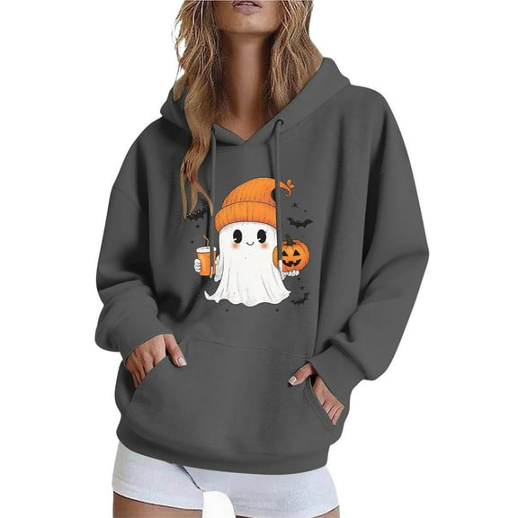 Ghost Print Hoodies for Womens Thermal Polar Soft Fleece Sweatshirt Long Sleeve Blouses Fall Winter Outfits Clothes with Pockets