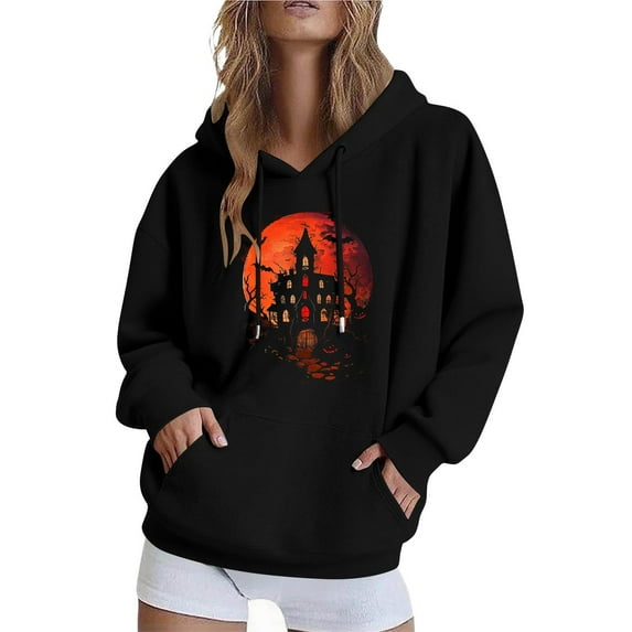 Ghost Print Hoodies for Womens Thermal Polar Soft Fleece Sweatshirt Long Sleeve Blouses Fall Winter Outfits Clothes with Pockets