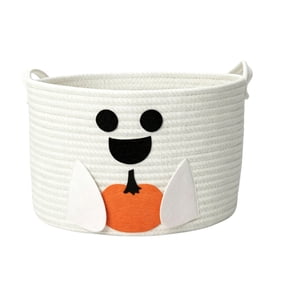 Ghost Print Rope Basket, Woven Storage Bin with Spooky Ghost Design, Versatile Handled Container for Treats, Toys, Kitchen, Table, Fall Decor
